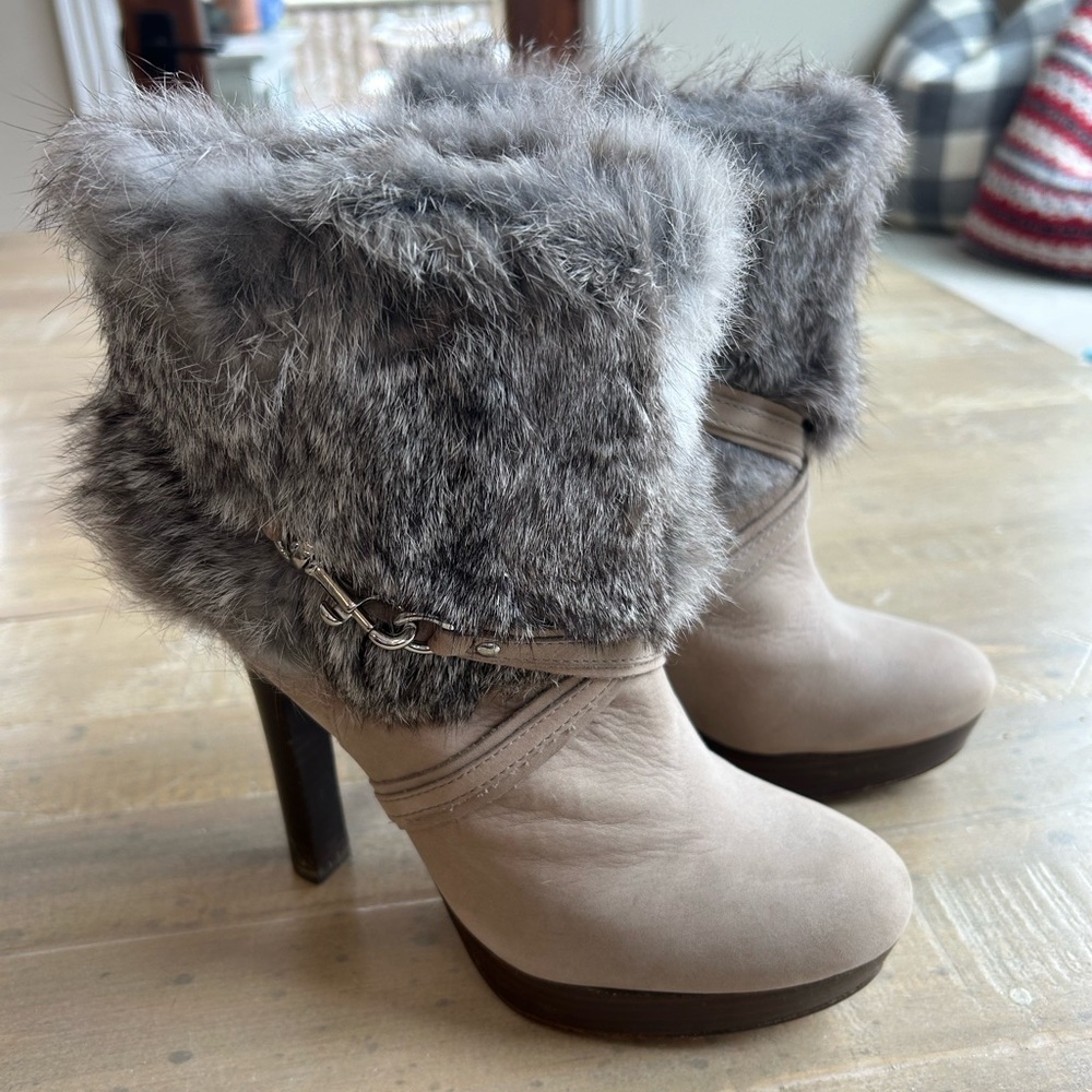 Coach suede and rabbit fur platform heeled boots, size 6